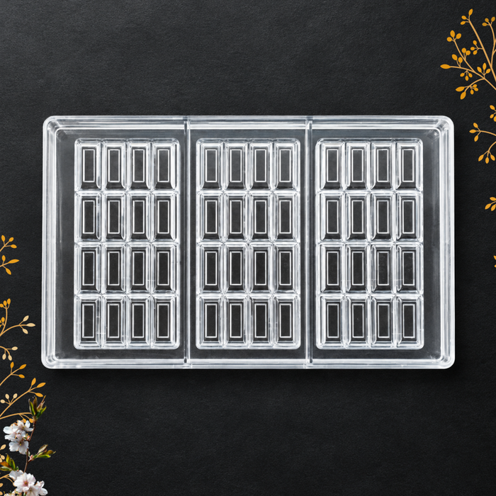 Slim Rectangular Chocolate Bar Polycarbonate Mould 48 Cavities– 3 Bars 16 Segments Each