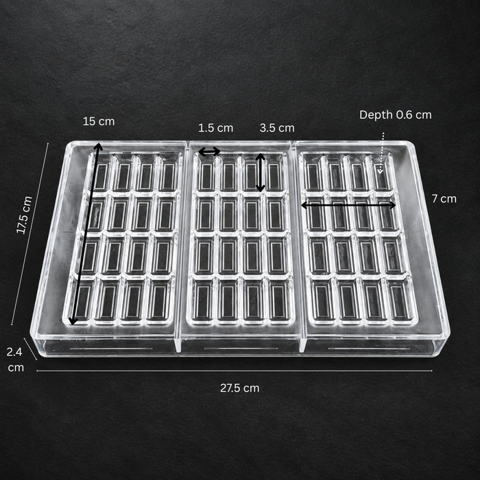Slim Rectangular Chocolate Bar Polycarbonate Mould 48 Cavities– 3 Bars 16 Segments Each