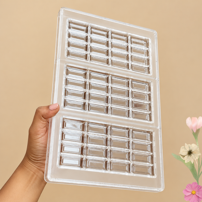 Slim Rectangular Chocolate Bar Polycarbonate Mould 48 Cavities– 3 Bars 16 Segments Each