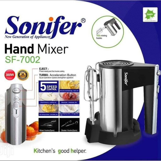 Powerful 300W Sonifer Hand Mixer with 5 speeds, turbo boost, ergonomic grip, chrome beaters, and snap-on storage case for effortless baking and cooking.