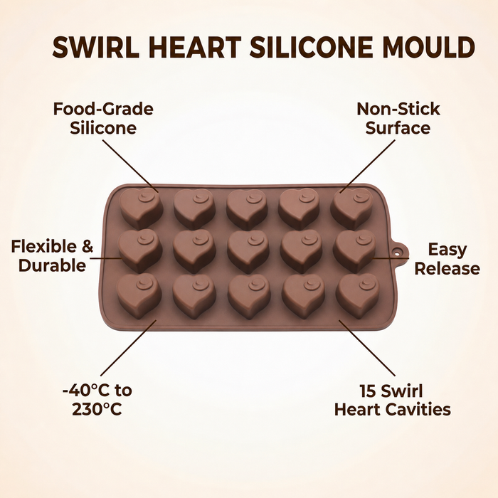 Swirl Heart Design- Silicone Chocolate Mould | 15 Cavities | Flexible Non-Stick | Brown