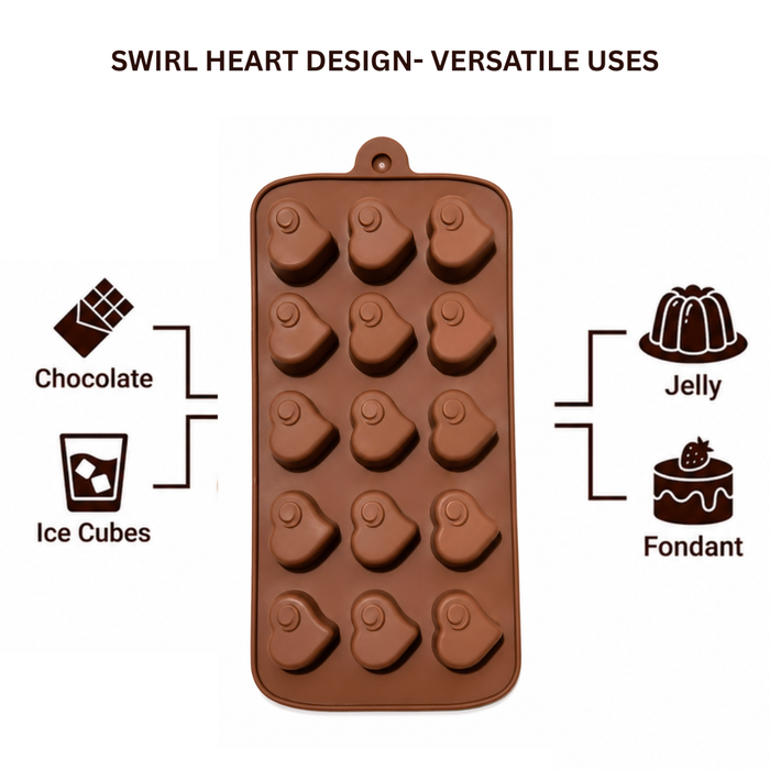 Swirl Heart Design- Silicone Chocolate Mould | 15 Cavities | Flexible Non-Stick | Brown