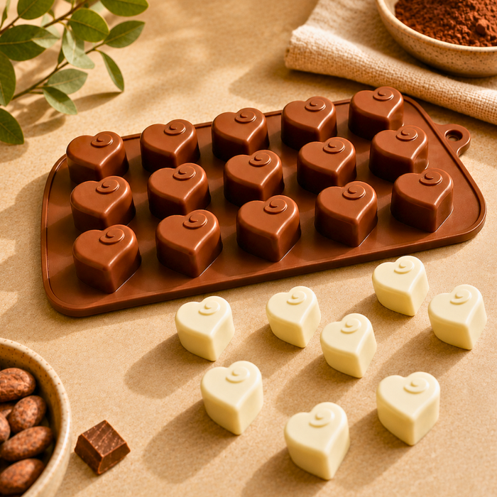 Swirl Heart Design- Silicone Chocolate Mould | 15 Cavities | Flexible Non-Stick | Brown