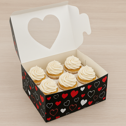Esslly 6-cavity Valentine-themed cupcake boxes made from 320 GSM board.