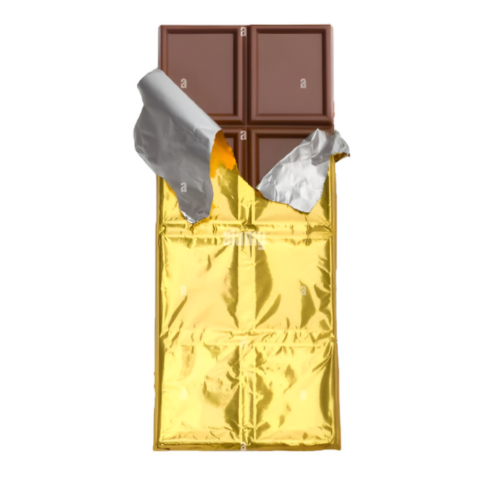 Cadbury gold 7x10 inch foil wrapper with square chocolates wrapped in matching foil on white background