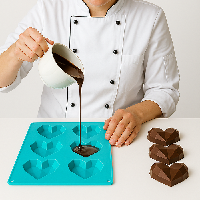 Pastry chef in white uniform pouring melted chocolate into geometric heart-shaped silicone moulds with finished chocolates on the side.