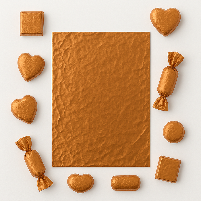 Copper 7x10 inch aluminum foil sheet with assorted shaped chocolates wrapped in matching foil