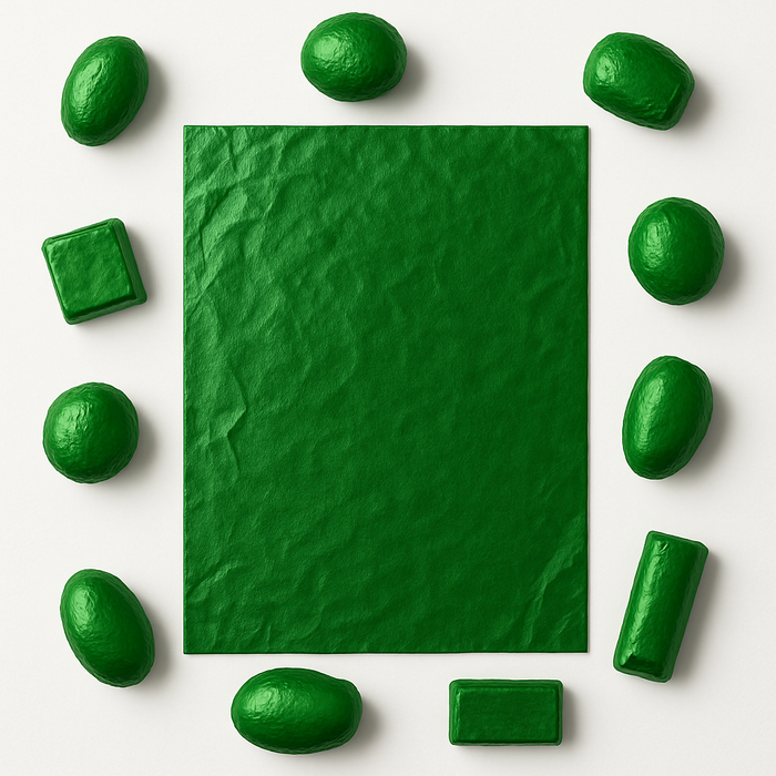Dark Green 7x10 inch aluminum foil sheet with assorted shaped chocolates wrapped in matching foil