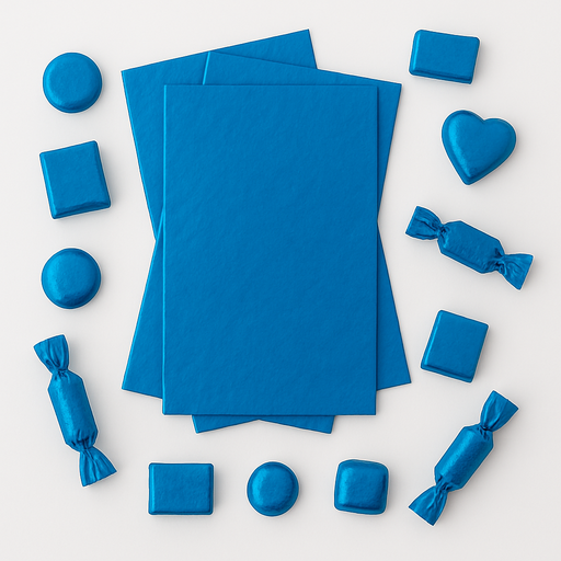 Rectangular sheet of electric blue foil with small wrapped chocolates arranged