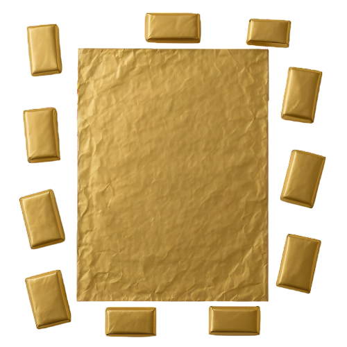 gold 7x10 inch foil wrapper with small rectangular chocolates arranged around it