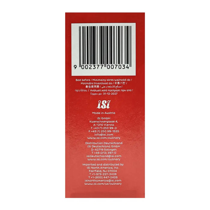 ack of the iSi Professional Cream Chargers box showing barcode, multilingual expiry date details, and company contact information for international distribution.