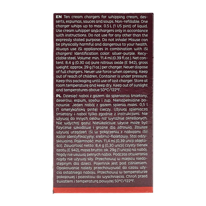 Instruction panel of iSi Cream Chargers box detailing usage directions, safety warnings, gas content, and volume information in English and Polish.