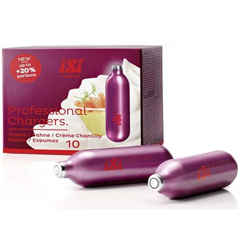  iSi Professional Cream Chargers 10-pack with purple nitrous oxide cartridges displayed in front of the branded box for whipping cream and foams.