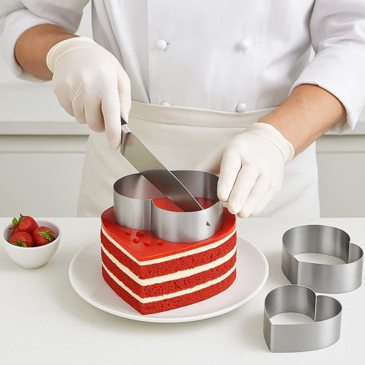Pastry chef using heart-shaped stainless steel cookie cutters to prepare a layered red and white dessert cake, with fresh strawberries in the background.