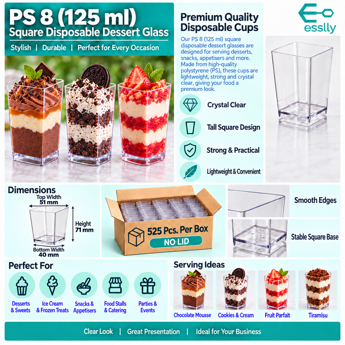 PS 8 (125 ml) Square Acrylic Clear Dessert Cup | Pack of 100