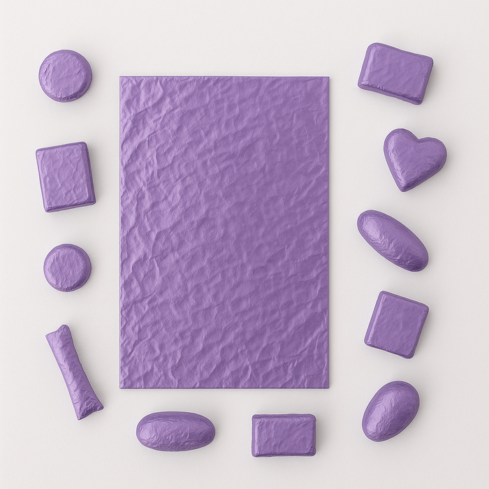 Purple 7x10 inch aluminum foil sheet with assorted shaped chocolates wrapped in matching foil
