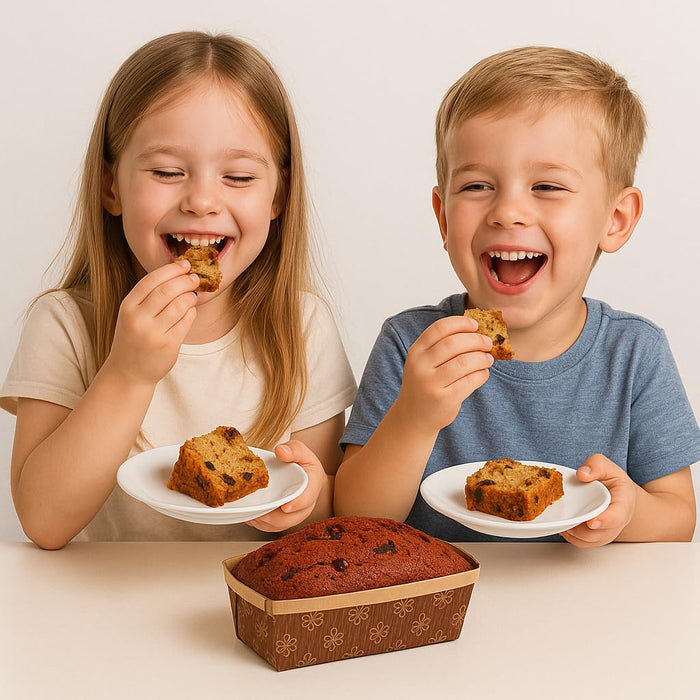 Rectangular Mould with 150 gms capacity bake with two children enjoying the cake.