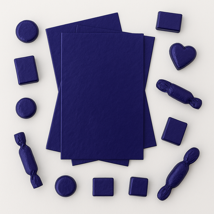 Royal Blue 7x10 inch aluminum foil sheet with assorted shaped chocolates wrapped in matching foil